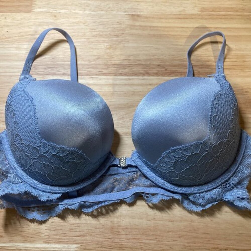 34C La Senza Pushup Bra in Soft Blue with Lace Overlay and Rhinestones